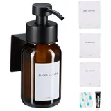 Relaxdays Seifenspender, 1er Pack, 250ml, Braunglas, Edelstahl, Wandseifenspender zum Kleben, ohne Bohren, braun/schwarz