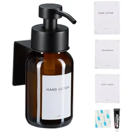 Relaxdays Seifenspender, 1er Pack, 250ml, Braunglas, Edelstahl, Wandseifenspender zum Kleben, ohne Bohren, braun/schwarz