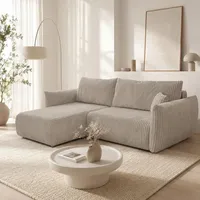 GOLDSTOFF Ecksofa L-Form | Modernes Schlafsofa mit Schlaffunktion & Bettkasten | Eleganter Cord-Bezug in 10 Farben | Komfortables Eckschlafsofa - Beige/Grau