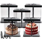JINGHANGER 5 Stück Transparente Kuchenbehälter mit Band 6 inch Kuchenschachtel Geschenkbox mit Deckel Doppelschicht Kunststoff Geschenk für Geburtstag Dessert 22x22x24 cm