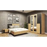 Fabryka Mebli Idźczak Schlafzimmer-Set Bafra Bettgestell - Doppelbett Ehebett - Kleiderschrank mit Spiegel, Nachttisch, Kommode - Artisan Eiche/Schwarze Norwegische Kiefer