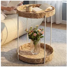 doporro Beistelltisch rund, Couchtisch klein Ø37 x H55 cm, Kleiner Tisch mit 2 geflochtenen Ablagen aus natürlichem Papierseil für Wohnzimmer, Schlafzimmer und Balkon, Nachttisch Weiß Reglo-08