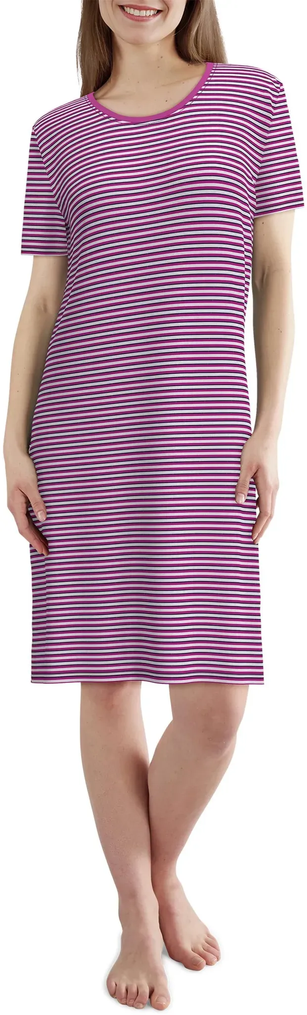 Nachthemd GÖTZBURG, Damen, Gr. 44, N-Gr, pink (rot, mittel, ringel), Single Jersey, Obermaterial: 100% Baumwolle, bequem knielang, Rundhals, gerader Abschluss, Kleider Nachthemd, knielang, gestreift, Kurzarm, Rundhalsausschnitt, Baumwolle