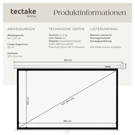 Tectake tectake® Beamer-Leinwand für 4K HD, Ultra HD und Full HD, Gain-Faktor 1.0 ausziehbares Gewebetuch, faltenfrei, Format 16:9, 84“