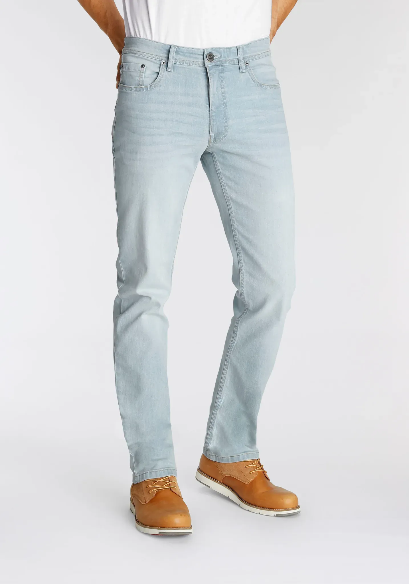 Straight-Jeans AJC, Herren, Gr. 36, Länge 34, blau (l.blau use), Denim/Jeans, Obermaterial: 98% Baumwolle, 2% Elasthan, unifarben, normal lang, Jeans Straight-Jeans, gerade geschnitten, Used-Look-Waschung, niedrige Leibhöhe