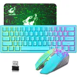 LexonElec 60% Prozent Blau Wireless Gaming Tastatur Maus Set Kabellos Beleuchtet Mini RGB LED Leuchtende Ergonomische 3800mAh Wederaufladbare Mechanische Feel 2400 DPI Für PC Mac