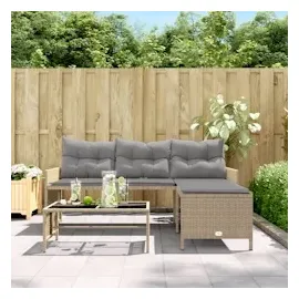 vidaXL Gartensofa in L-Form mit Tisch und Kissen Beige Poly Rattan