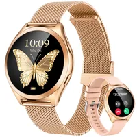 Gold Smartwatch Damen Armbanduhr Rund: Smart Watch Damen Metallarmband mit Telefonfunktion Schrittzähler Schlafmonitor Herzfrequenz Blutdruck Wasserdicht 1,27" Klein Duenn Touchscreen Sport Fitnessuhr