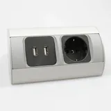 Kalb Material Für Möbel kalb 2-fach Eckteckdosenleiste zur Montage, 1x 230V und 2x USB Steckdosen, Anschlusskabel ohne Stecker, silber/schwarz
