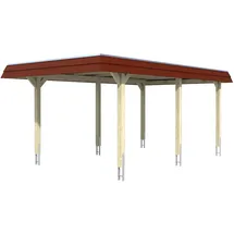SKANHOLZ Carport Wendland 3,62 x 6,28 m weiß mit roter Blende inkl. Pfostenanker und Regenrinne