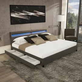 Home Deluxe LED Bett NUBE mit Schubladen 200x200cm - versch. Ausführungen - ohne Matratze - Dunkelgrau,