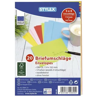 Stylex Briefumschläge, DIN C6, nassklebend, farbig, 20 Stück