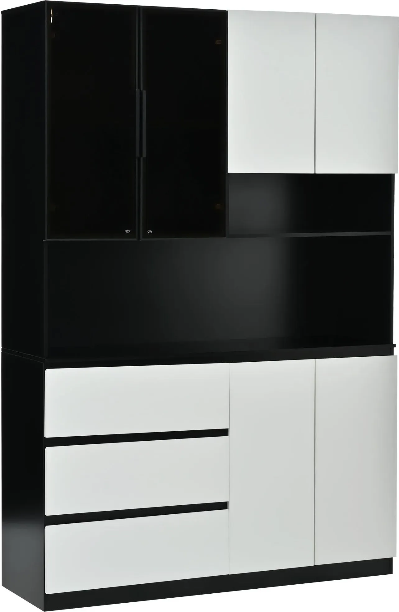 Multifunktionale Küchenvitrine, einstellbare LED-Beleuchtung und Mikrowellenfach, 120,5x40x180 cm, Schwarz