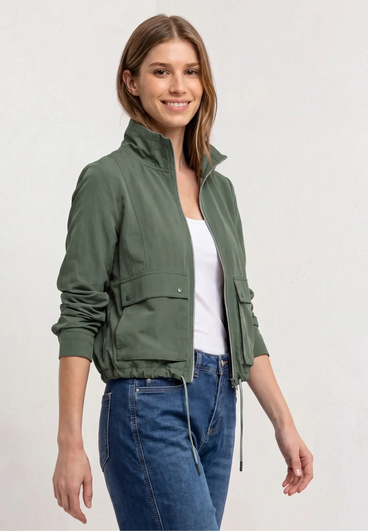 Kurzjacke STREET ONE, Damen, Gr. 38, bound grün, Stoff, 65% Viskose, 35% Nylon, unifarben, normal normal, hoch geschlossener Ausschnitt, abgesteppt, Jacken Kurzjacke, mit Taschen-Detail