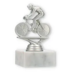 Pokal Kunststofffigur Rennradfahren silbermetallic auf weißem Marmorsockel 12,5cm