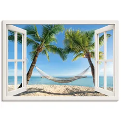 Wandbild ARTLAND "Fensterblick Palmenstrand Karibik", weiß (farbe bild(er): weiß), B:130cm H:90cm, Bilder, als Alubild, Outdoorbild, Leinwandbild, Poster, Wandaufkleber