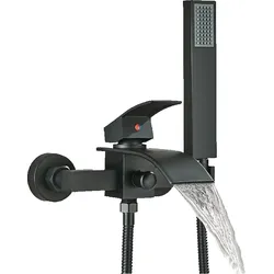 KLARWERK "ROSA" | Wasserfall Badewannenarmatur Schwarz Dusche |Edelstahl, Inklusive Handdusche und Halterung | Mischbatterie Badewanne Thermostat Komplett-Set