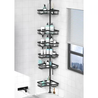 Kegii Teleskop Duschregal Ecke, 6 Stück Duschablage Ohne Bohren Ecke Teleskopregal Bad Badezimmer Organizer Edelstahl Teleskop Badregal, Höhenverstellbar mit 6 Duschkorb Schwarz