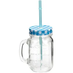 2er Set Glasbecher mit Henkel, Deckel und Trinkhalm inkl. Rezeptheft - blau kariert - 0,5 Liter Trinkbecher / Trinkglas mit Relief