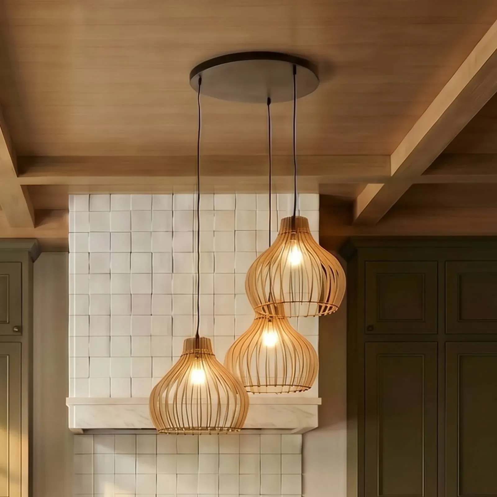 Hängelampe Barrel TEMAR LIGHTING, dimmbar, Holz hell, für Wohn- / Esszimmer, Holz, Landhaus / Rustikal, Pendelleuchte - 50 cm - 50 cm - 100 cm