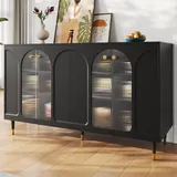 Merax Buffetschrank Sideboard Schwarz, Küchenschrank mit LED Beleuchtung, Modern Kommode mit viel Stauraum, Glastür-Design, Holz küchenbuffet Wohnzimmerschrank, Standschrank, Metallbeinen, 140x40x85cm