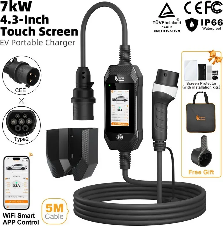 feyree Tragbarer 7 kW EV-Ladegerät Typ 2 Ladeanschluss, 4,3 Zoll Touchscreen, Smarte WLAN-App, Heim-EV-Ladegerät, Professionelles Design