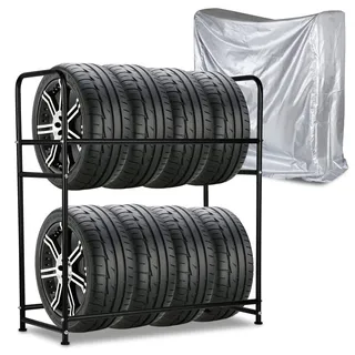 Daromigo Reifenregal 8 Reifen Reifenständer max. 180kg, Reifenhalter 107 x 46 x 117cm, Höhenverstellbare Regale für Autoreifen, Metall Lagerregal Relgenregal für Garage Keller, mit Staubschutzhaube