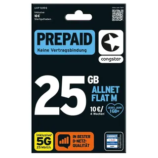 congstar Prepaid Allnet M mit doppeltem Startguthaben: 25 GB Datenvolumen & Flatrate für Telefonie und SMS, 5G-Speed, EU-Roaming