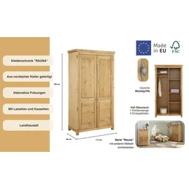 Home Affaire Kleiderschrank »Rauna, mit Lamellen und Kassetten, klassischer Landhausstil, rustikal«, (2 Breiten: 113/159 cm H/T ca. 195/60 cm), massive Kiefer, Metallgriffe, mehrere Varianten, zeitloses Design