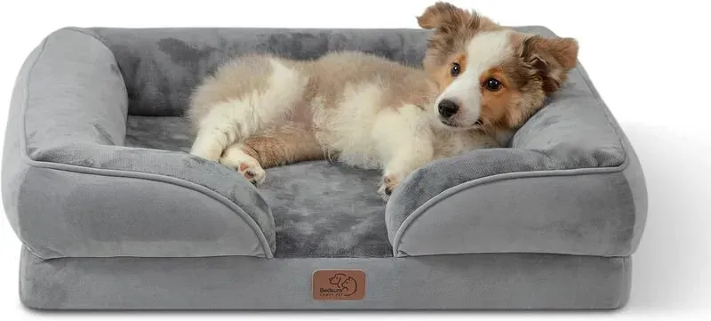 BEDSURE orthopädisches Hundebett, ergonomisches Hundesofa, 71 x 58 cm, Hundecouch mit Schwamm im Eierkarton-Design für kleine Hunde, waschbar, rutschfeste Hundebetten, grau