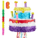 relaxdays Papierdekoration 3-teiliges Pinata Set Geburtstagstorte gelb|lila|rot