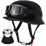 Deutsche Motorrad Jethelm ECE-Zertifizierung, Vintage Halbhelme Halbschalenhelm mit Schutzbrille Chopper Helm für Cruiser Street Scooter mit Schnellverschlussschnallen 22.4-25.2in