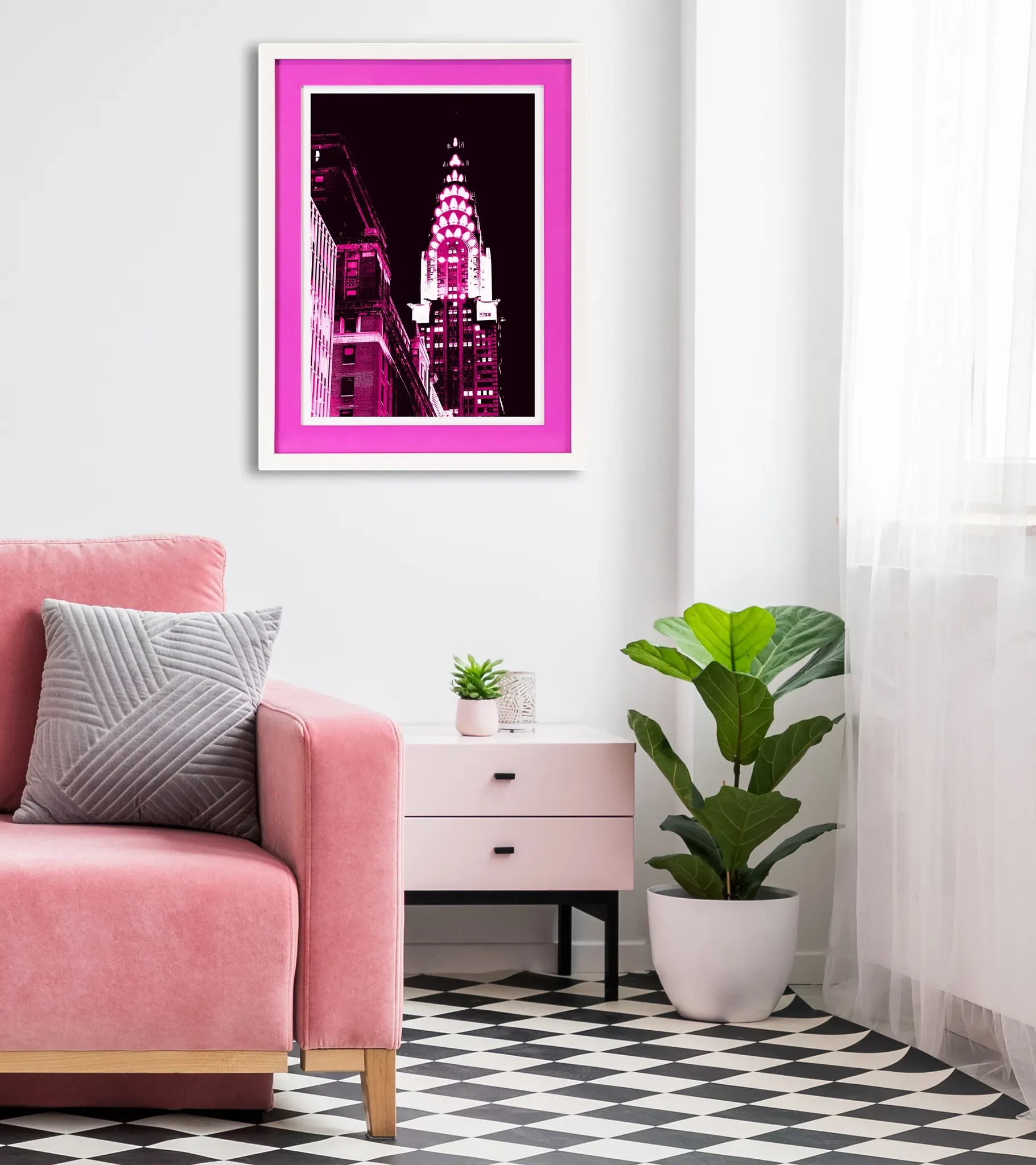 queence Bild mit Rahmen »Amerika«, Amerika-Bilder von Amerika-Gebäude, (1 St.), Poster mit buntem Acrylglas Passepartout queence pink