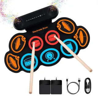 Schlagzeug Elektronisch, 9 Pads Rolling Electric Drum Pad Kits Machine Mit KopfhöReranschluss, 10 Stunden Spielzeit, 2 Eingebaute Lautsprecher (Bunt)