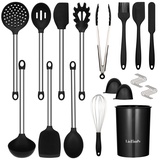 Küchenhelfer Set, 27 Pieces Silikon Kochutensilien Kochbesteck Set mit Utensilienhalter, Antihaft Kochset Küchenutensilien mit Edelstahlgriff, Spülmaschinenfest (Schwarz)