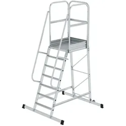PROREGAL Plattformleiter mit geräumiger Plattform und Rollen | 7 Stufen | inkl. beidseitigem Handlauf | Aluminium