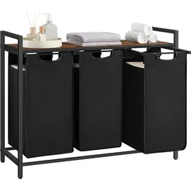 Songmics VASAGLE Wäschekorb 3 Fächer, mit Ablage, ausziehbar abnehmbar, 3 x 38 L, Schwarz - Schwarz