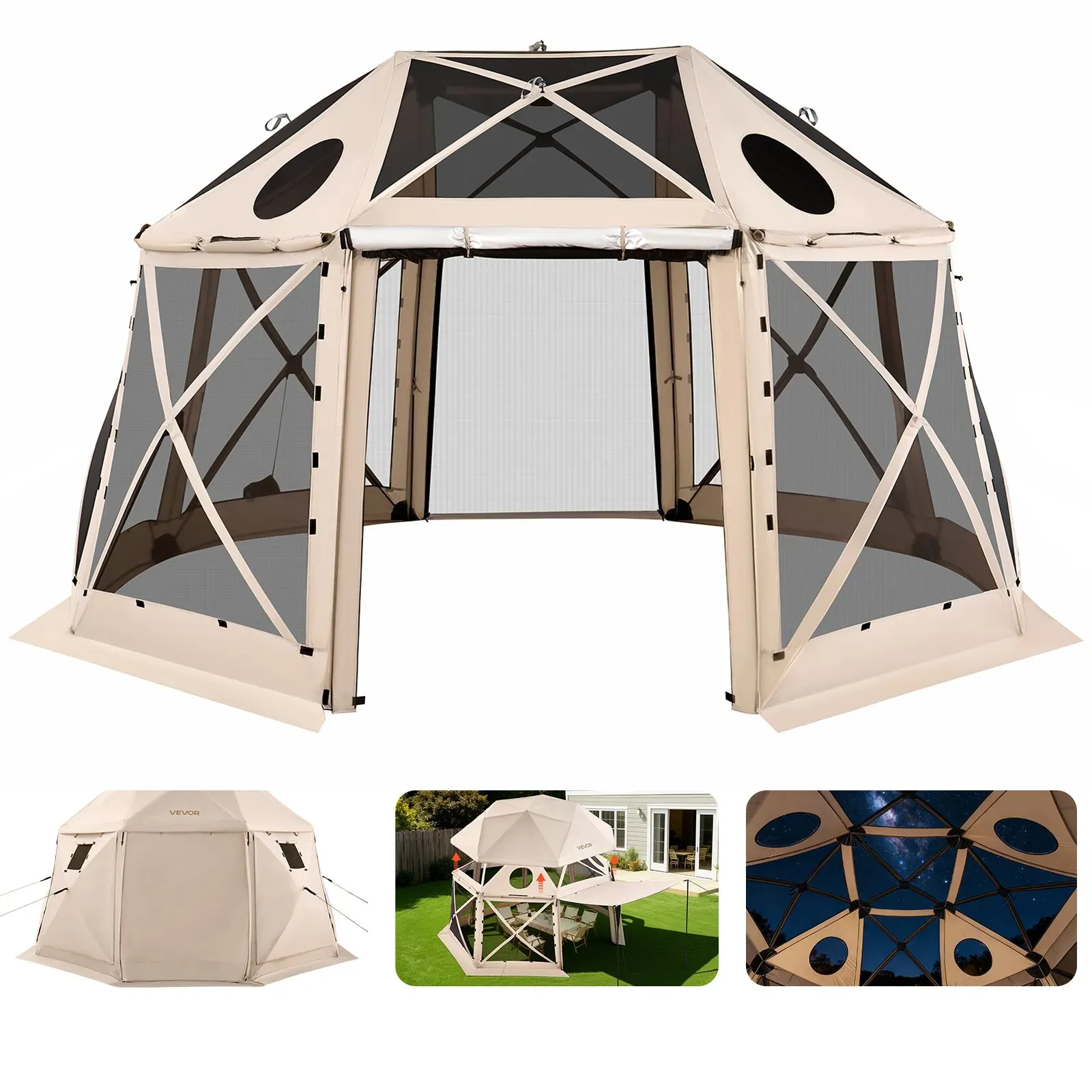 VEVOR Pop-up-Pavillon, 4,57 x 4,57 m, 13-seitiges, kugelförmiges Campingzelt mit abnehmbarem Dach und Tragetasche, 360°-Belüftung, Sonnenschutz, Partyzelt für 12–15 Personen, Beige