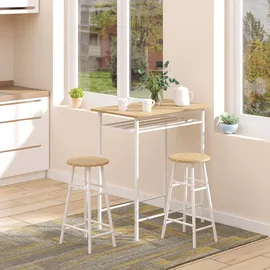 Homcom Bartisch Set 3-teilig Esstisch mit 2 Barhocker Essgruppe Küchentisch mit Lagerregal MDF-Platte Stahl Weiß+Eiche 80 x 50 x 90 cm Aosom