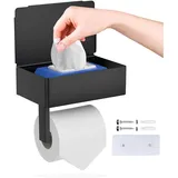 Toilettenpapierhalter mit Feuchttücherbox, GUIGUZI Schwarz Edelstahl Toilettenpapierhalter ohne Bohren, Selbstklebender Klopapierhalter ohne Bohren, Klorollenhalter mit Ablage