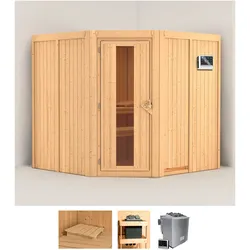 Sauna KARIBU "Jarin", beige (naturbelassen), Bio-Kombiofen, externe Steuerung, 9 kW, Saunen, 9-kW-Bio-Ofen mit externer Steuerung