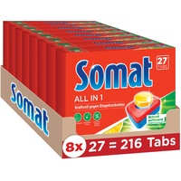 Somat 7 All in 1 Zitrone & Limette Multi Aktiv, Spülmaschinen-Tabs, Jahresvorrat, 216 (8 x 27) Tabs, kraftvolle Reinigung mit Geruchsneutralisierer Funktion