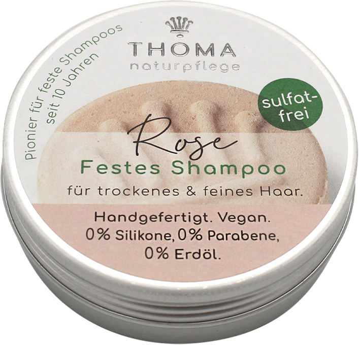 Luxus-Shampoo – vegan, THOMA Naturseifen-Manufaktur, mit Rosenblütenwachs für trockenes & feines Haar, 55 g, Aludose