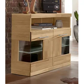 OTTO home Kommode OTTO HOME "Ribe 85cm breit,35 cm tief, Fronten Massivholz,2 Türen mit Glaseinsatz", braun (eiche teilmassiv), B:85cm H:80cm T:35cm, Holz teilmassiv, Sideboards, Kommode, Holz massiv, Holzwerkstoff,3 breite Fächer