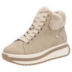 Winterboots RIEKER EVOLUTION, Damen, Gr. 43, beige (hellbeige), Nubukleder, Textil, casual, Schuhe, Keilsneaker, Plateauboots mit Fellimitatkragen