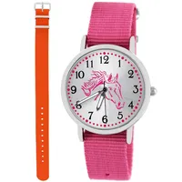 Pacific Time Kinder Armbanduhr Mädchen Junge Pferd Kinderuhr Set 2 Textil Armband rosa + orange analog Quarz 10566