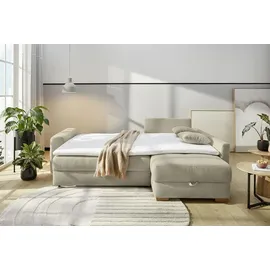 luma-home Ecksofa-Dauerschläfer Boxspring Federkern-Couch Topper Bettkasten, Cord Beige Grau / 15212