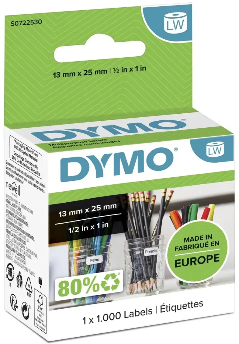 DYMO Original LabelWriter Mehrzwecketiketten (Klein) | 13 mm x 25 mm | Rolle mit 1.000 leicht ablösbaren Etiketten | selbstklebend | für LabelWriter Etikettendrucker und Beschriftungsgerät
