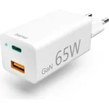 Hama Schnellladegerät, GaN, 1x USB-C, 1x USB-A, Mini-Ladegerät, PD, 65 W, weiß (00201643)