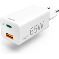 Hama Schnellladegerät, GaN, 1x USB-C, 1x USB-A, Mini-Ladegerät, PD, 65 W, weiß (00201643)